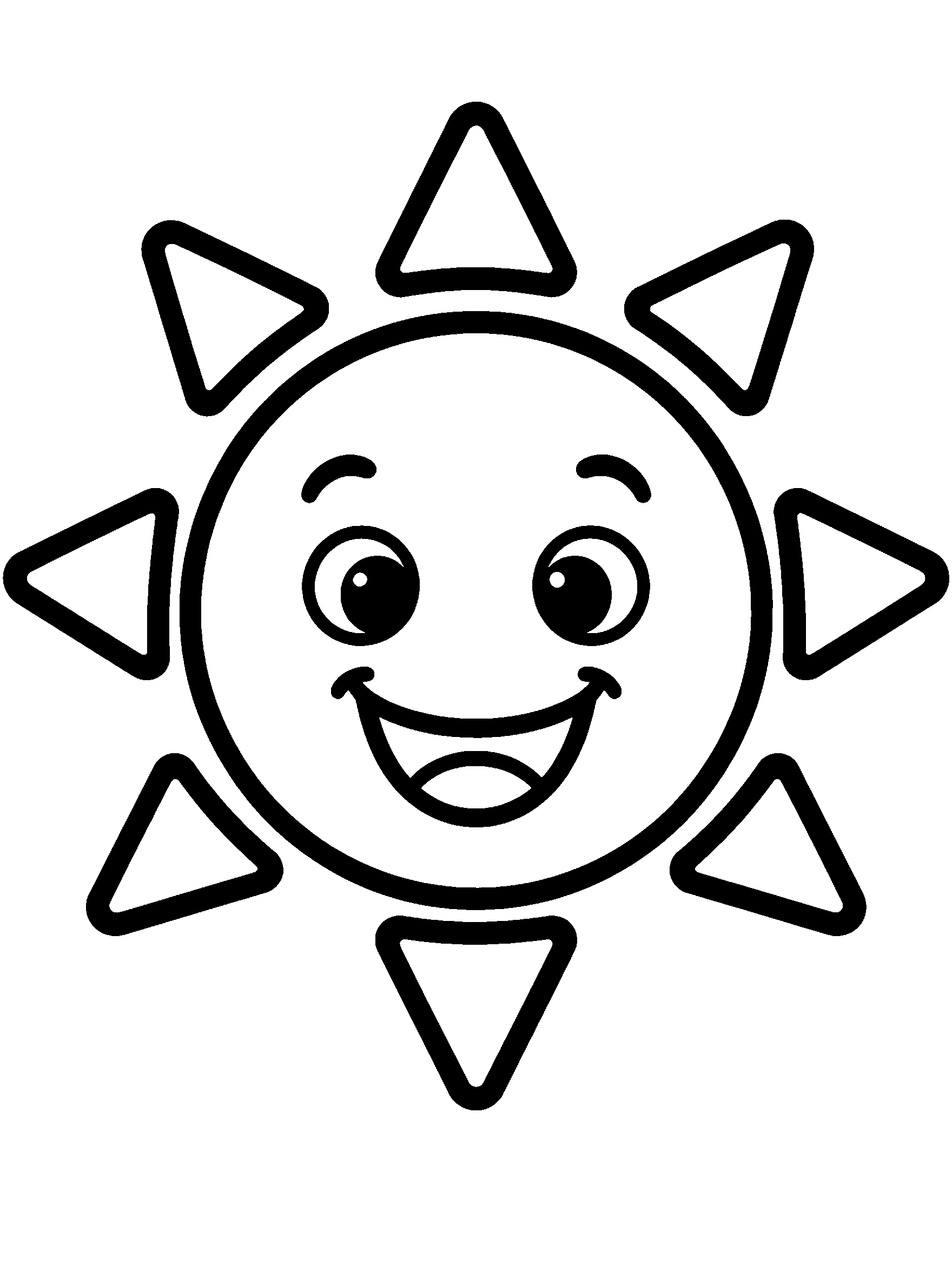 Big smiling sun with wide rays, easy coloring page for preschool