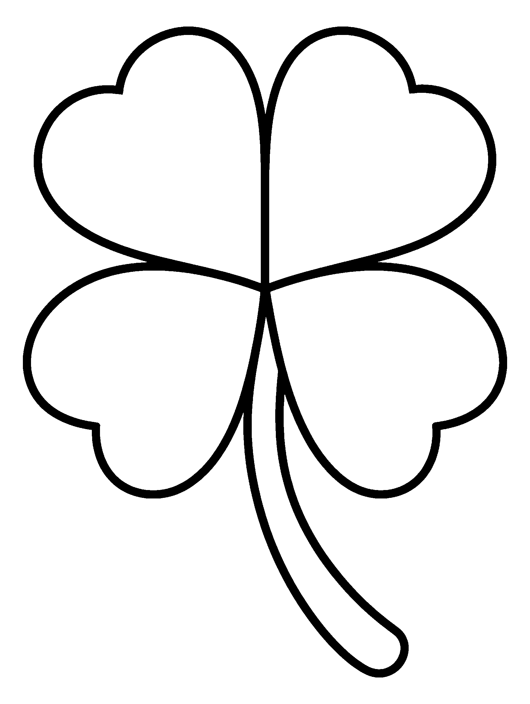 Large four-leaf clover with heart-shaped leaves, coloring sheet