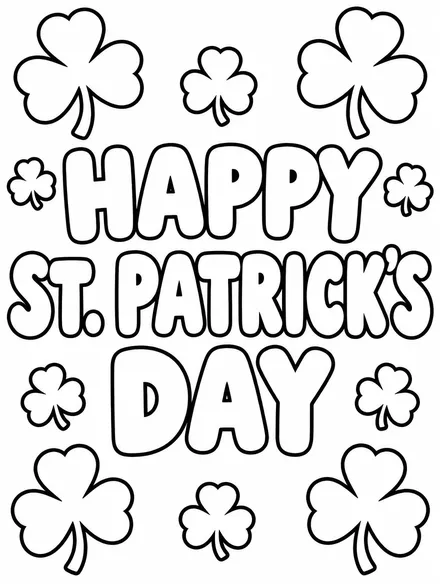 Happy St. Patrick's Day bubble letters with shamrocks, coloring page