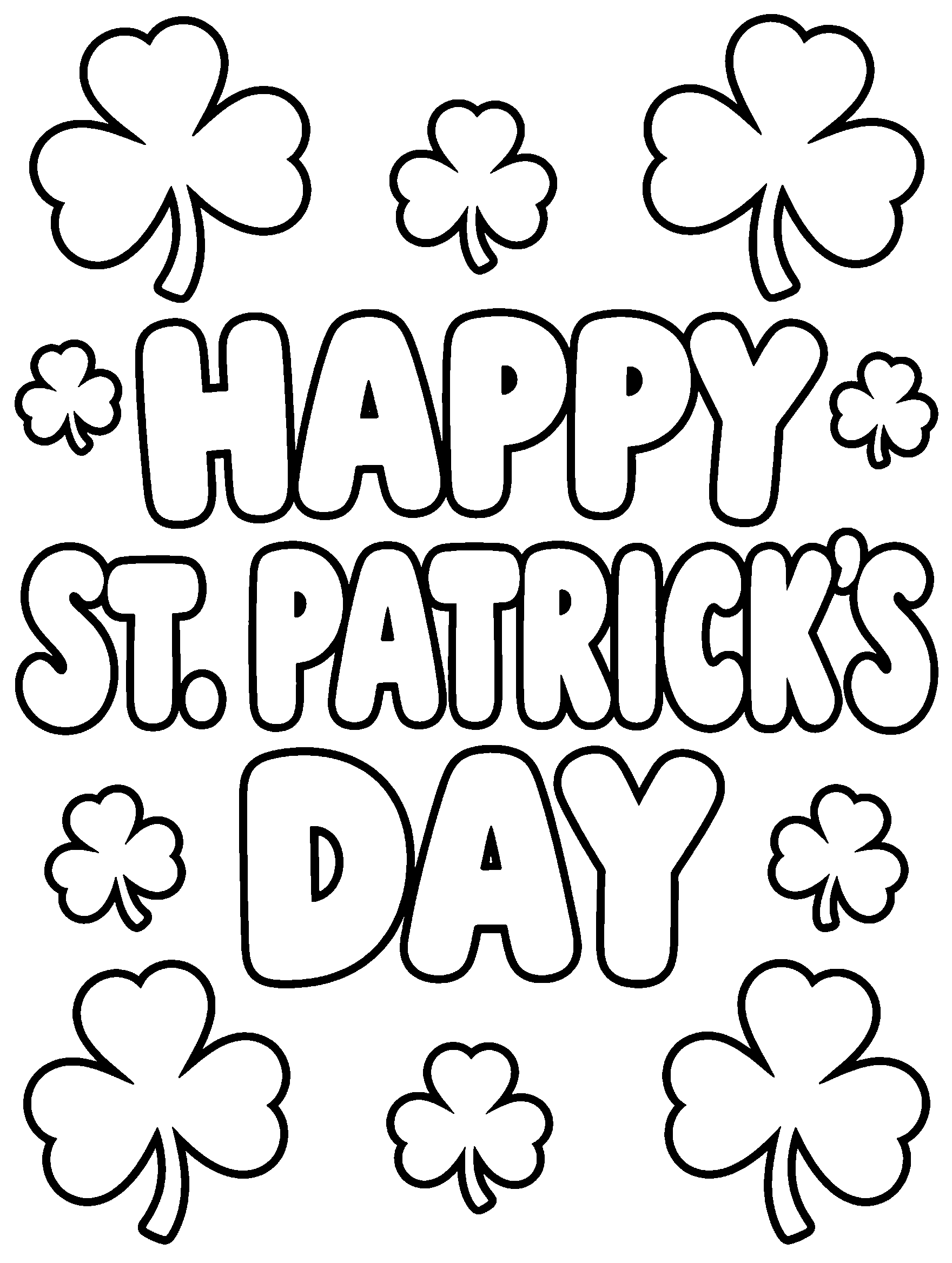 Happy St. Patrick's Day bubble letters with shamrocks, coloring page