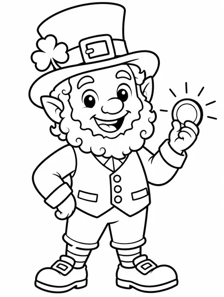 Cheerful leprechaun with buckled hat holding a gold coin, coloring page