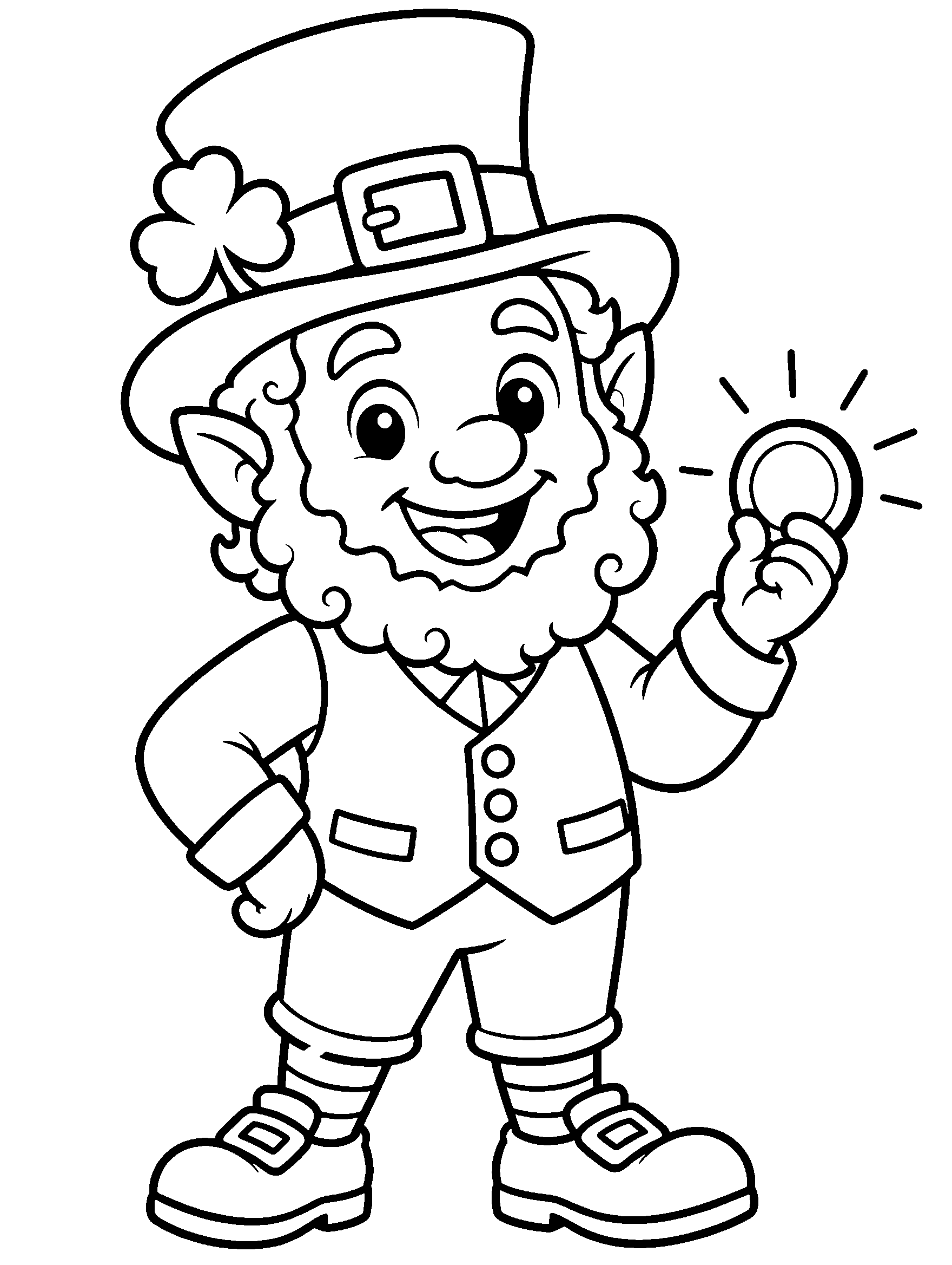 Cheerful leprechaun with buckled hat holding a gold coin, coloring page