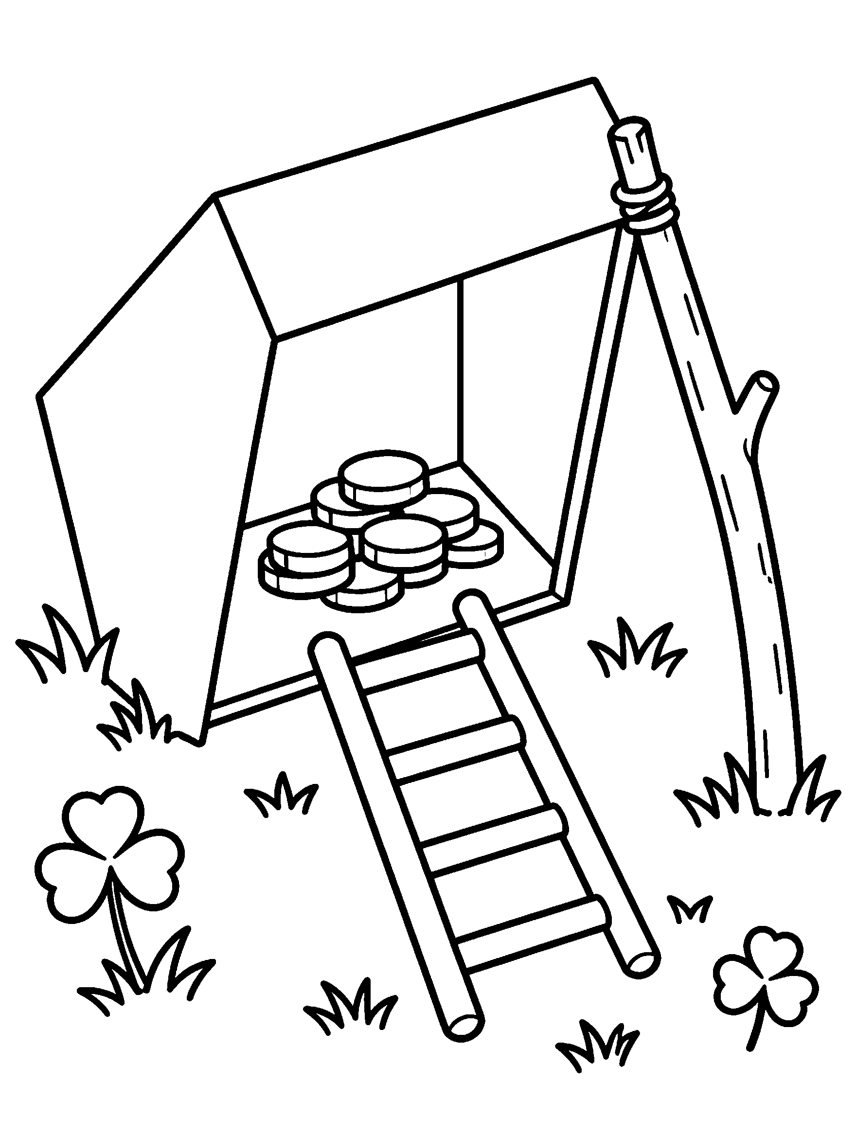 Leprechaun trap with box, ladder and gold coins, coloring page