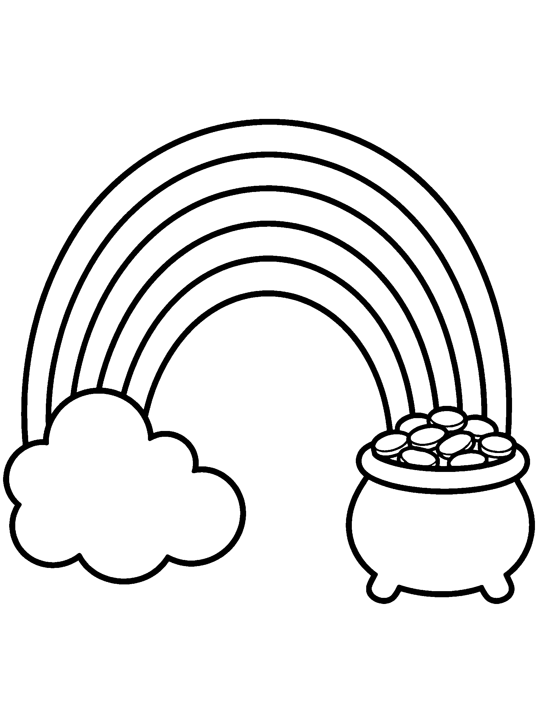 Rainbow with cloud and pot of gold, coloring page