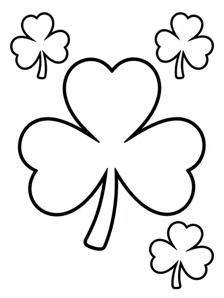 Large three-leaf shamrock with smaller shamrocks, coloring page