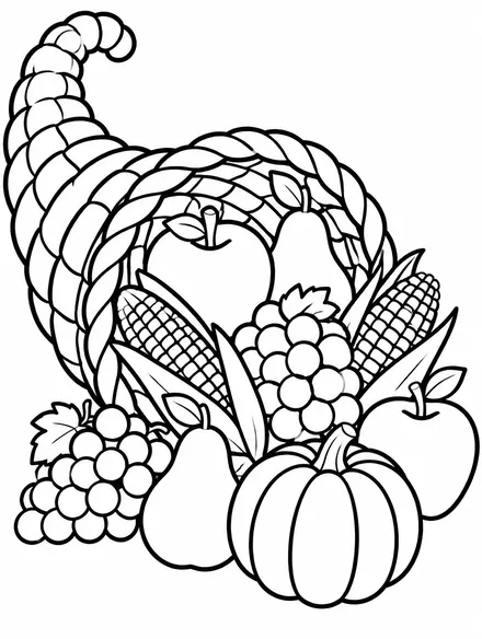 Cornucopia horn of plenty overflowing with fruit and vegetables to color