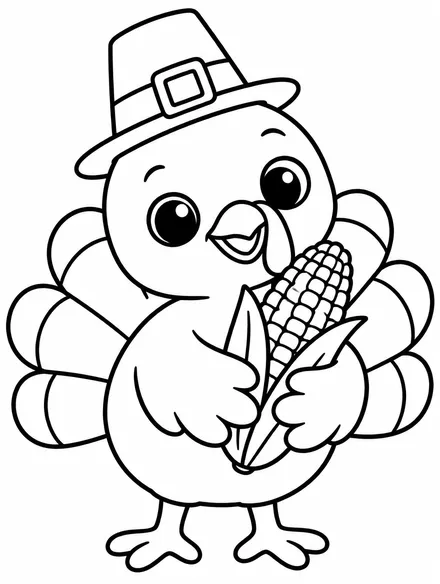 Cute baby turkey in a pilgrim hat holding an ear of corn, ready to color