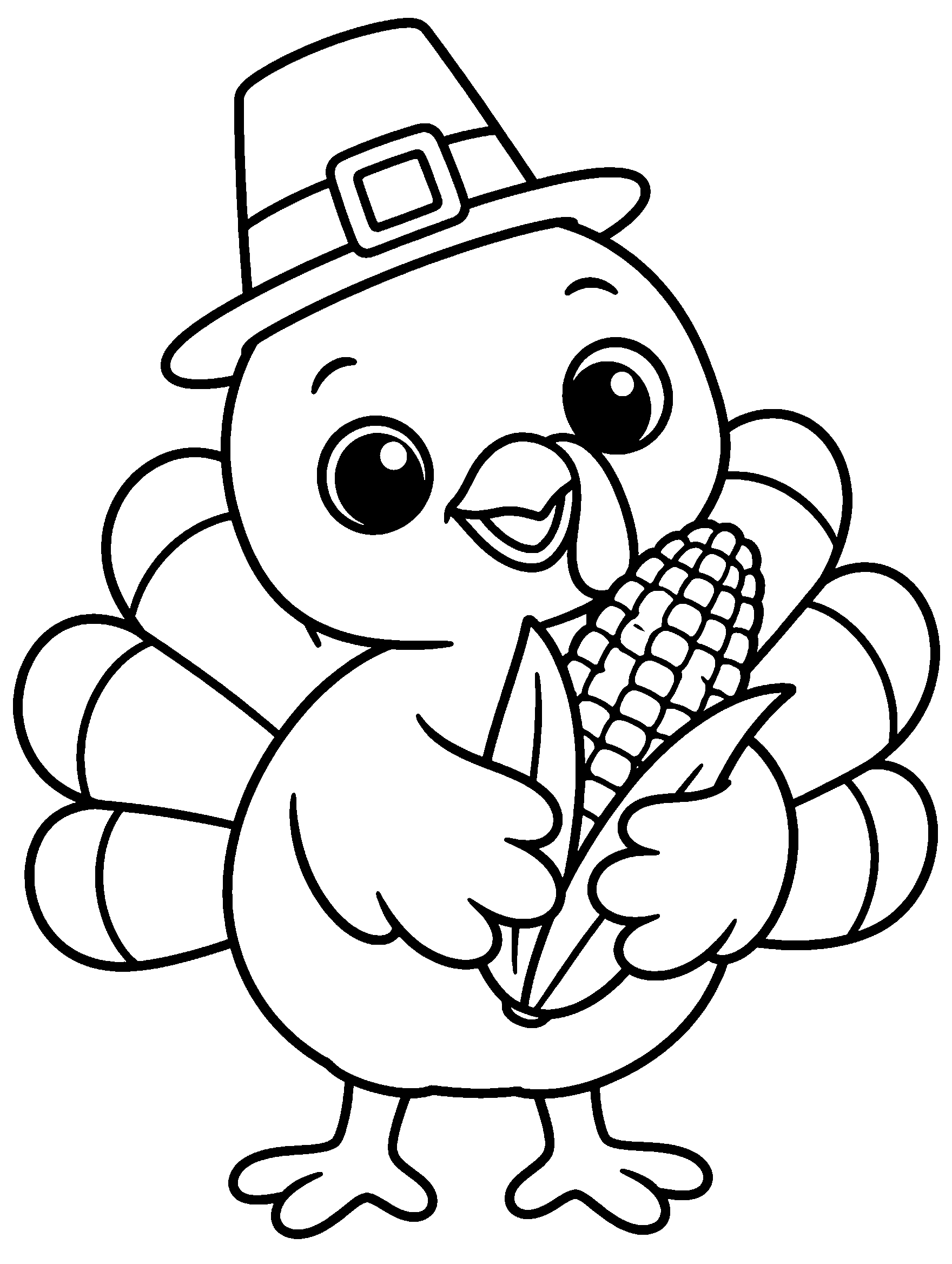 Cute baby turkey in a pilgrim hat holding an ear of corn, ready to color