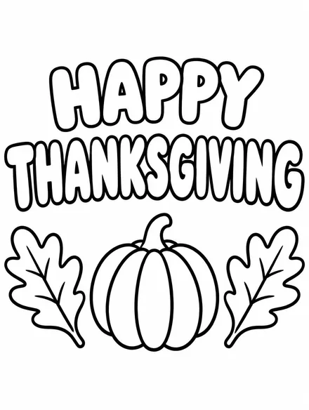 Happy Thanksgiving bubble letters with a pumpkin and leaves to color