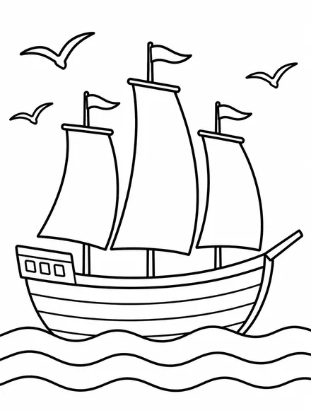 Simple sailing ship like the Mayflower on ocean waves, coloring page for kids
