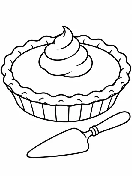 Pumpkin pie with whipped cream on a plate, black and white coloring page