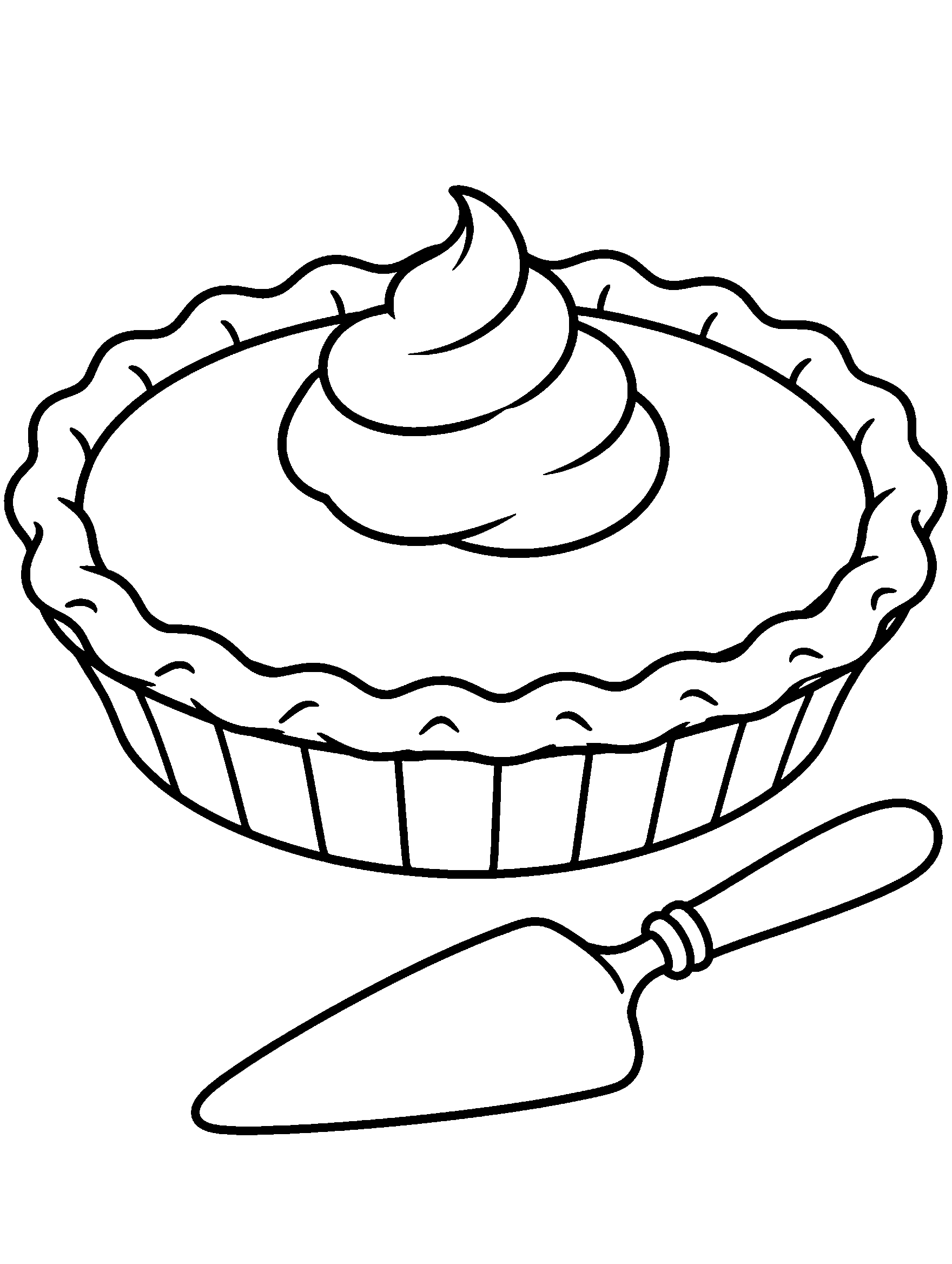 Pumpkin pie with whipped cream on a plate, black and white coloring page
