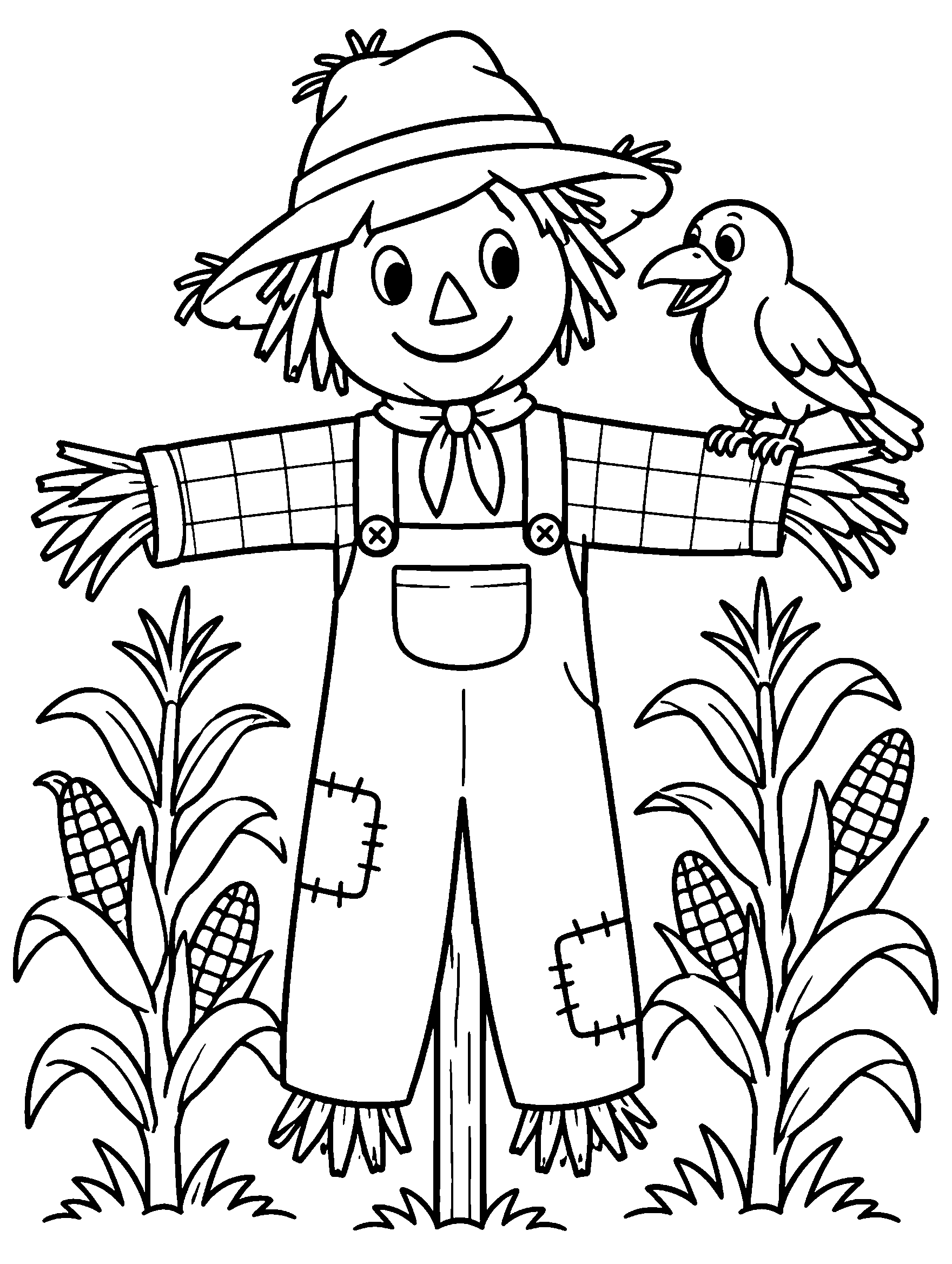 Friendly scarecrow in patched overalls standing in a corn field, printable coloring page