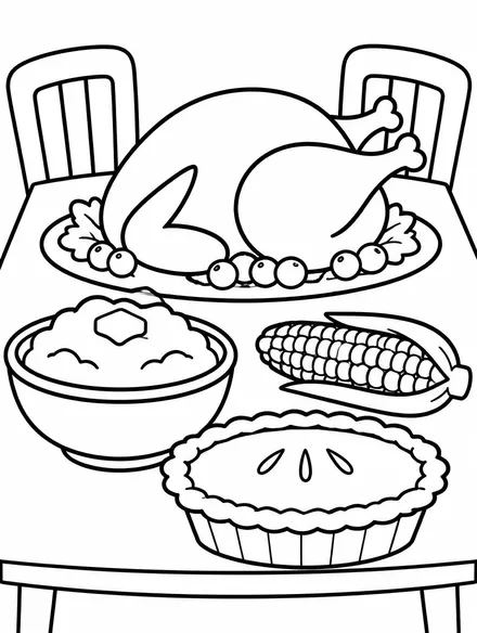 Thanksgiving dinner table with roast turkey, potatoes, corn and pie coloring sheet
