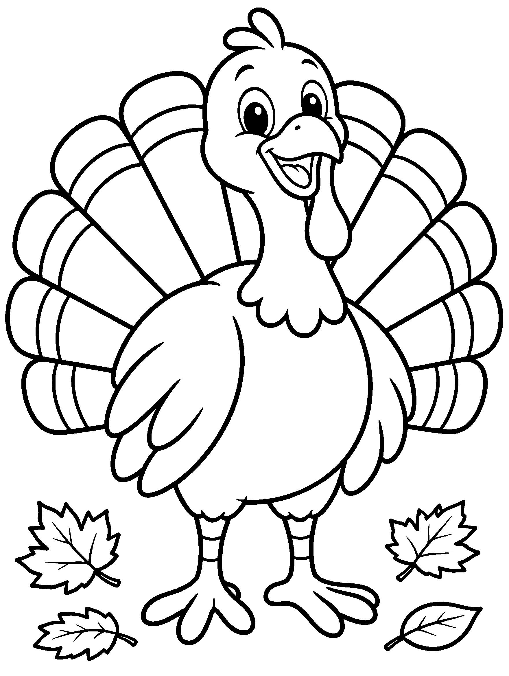 Printable coloring page of a smiling turkey with a big fan of tail feathers