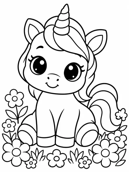 Cute baby unicorn sitting in flowers, easy coloring page for toddlers