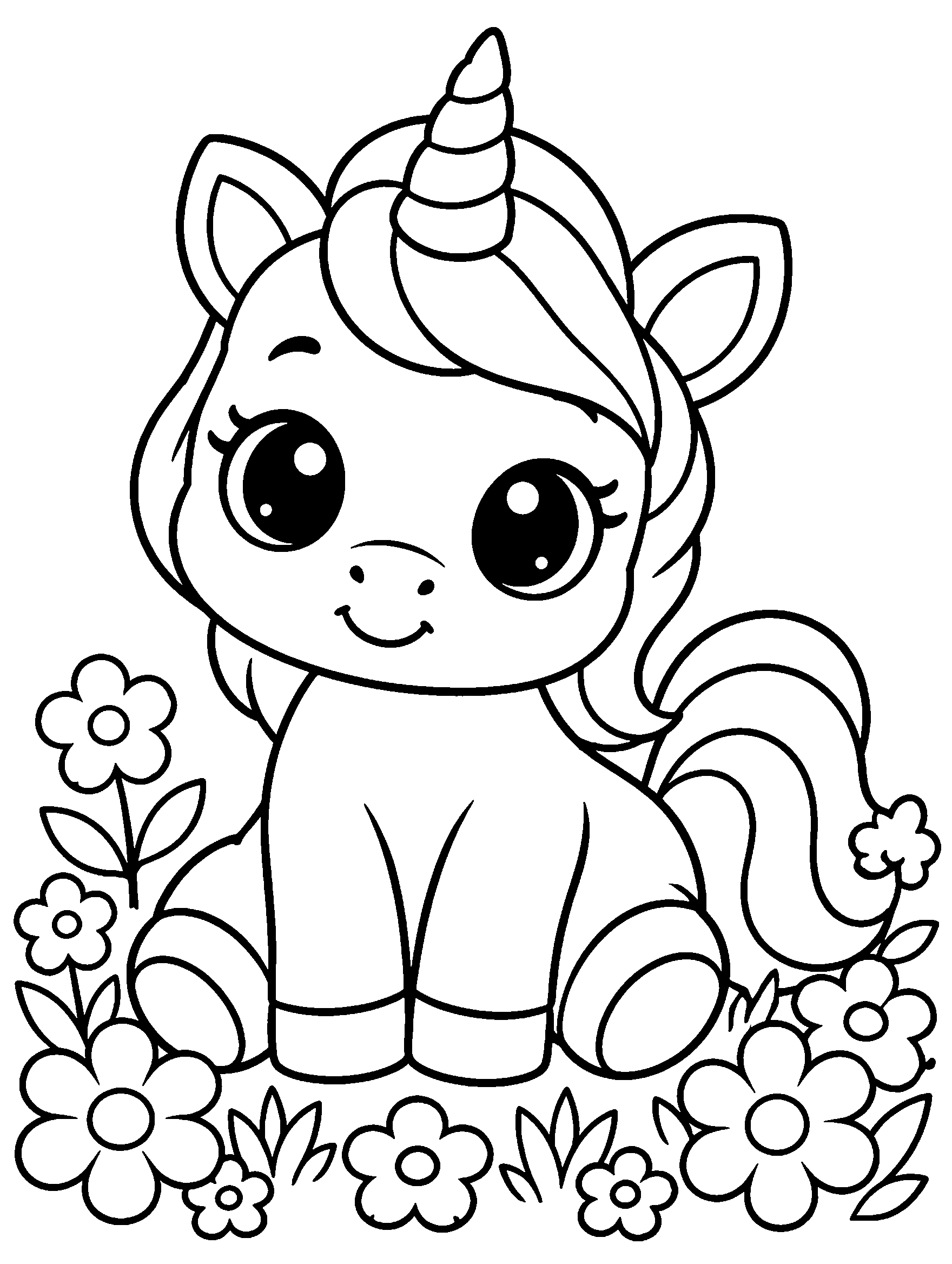 Cute baby unicorn sitting in flowers, easy coloring page for toddlers