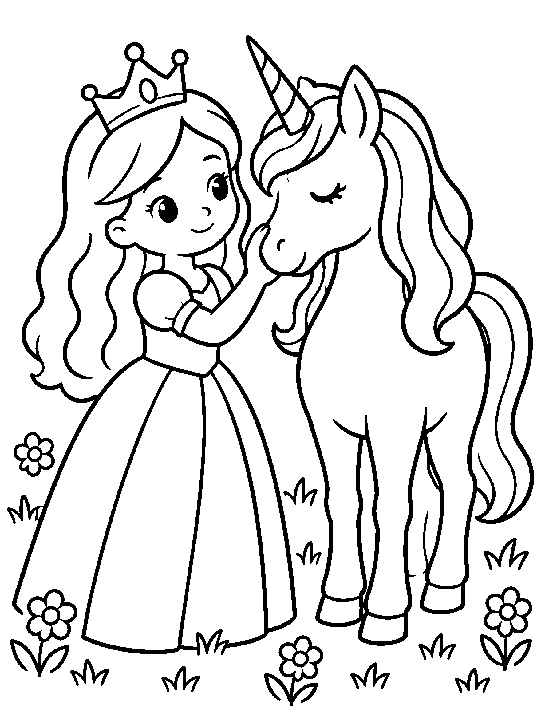 Princess petting a unicorn in a meadow, kids coloring page
