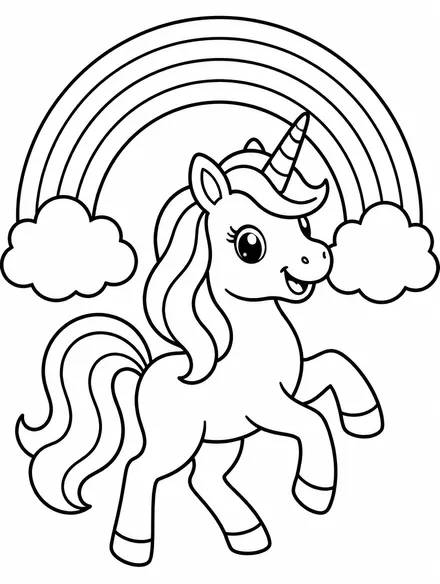 Happy unicorn prancing under a big rainbow, printable unicorn coloring page
