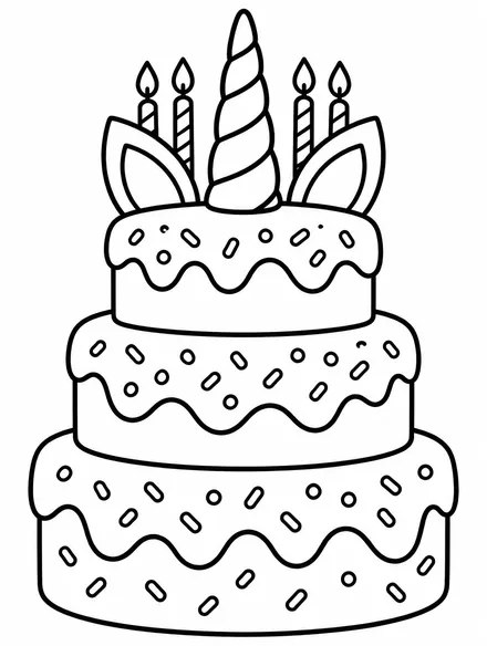 Unicorn birthday cake with horn, ears and candles, printable coloring page