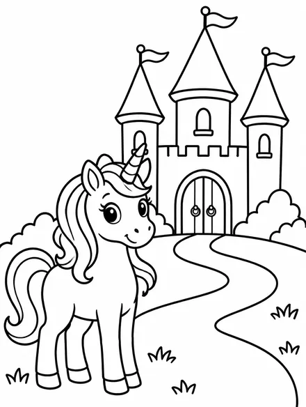 Unicorn in front of a fairy tale castle with towers, coloring sheet