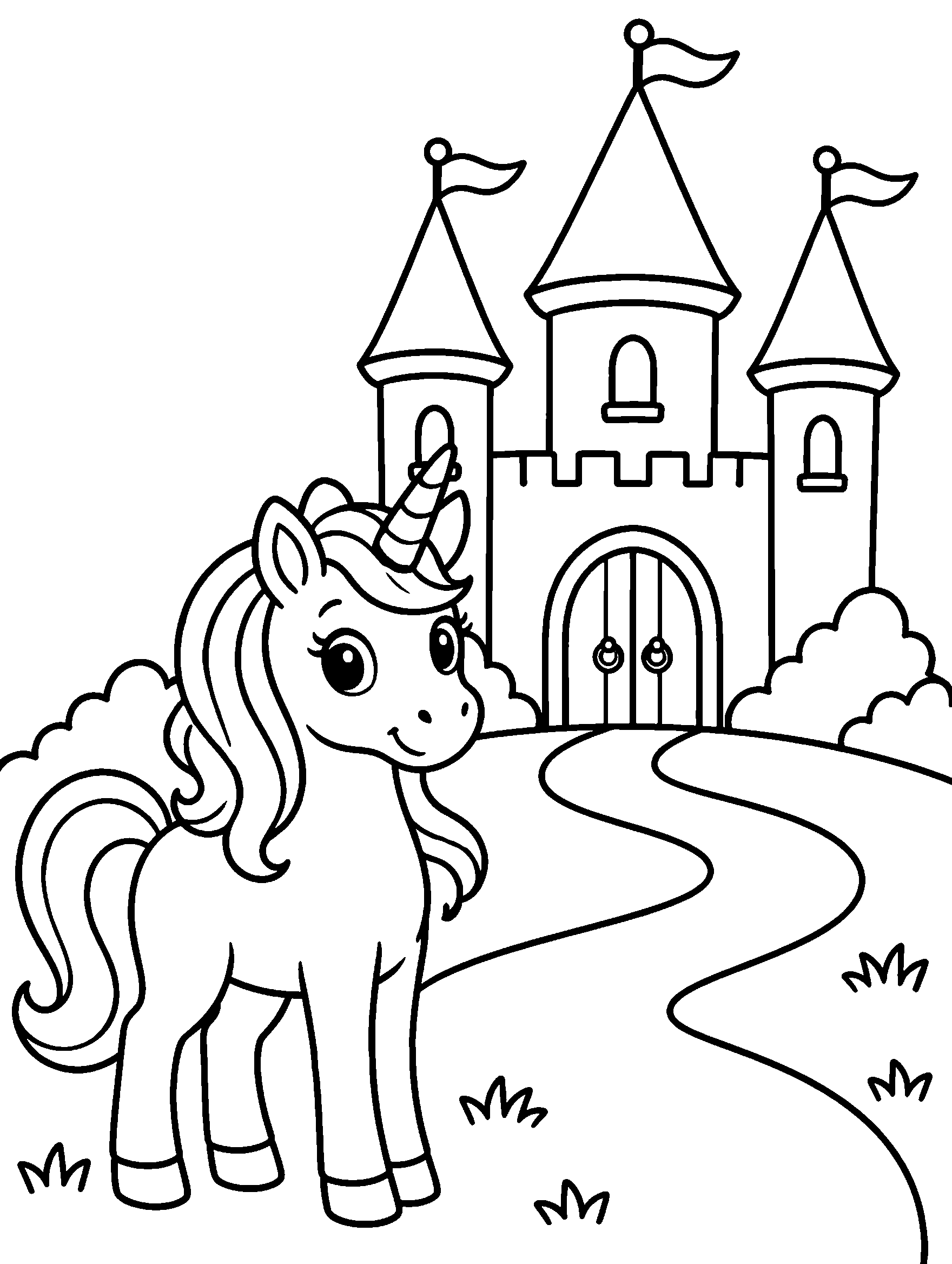 Unicorn in front of a fairy tale castle with towers, coloring sheet