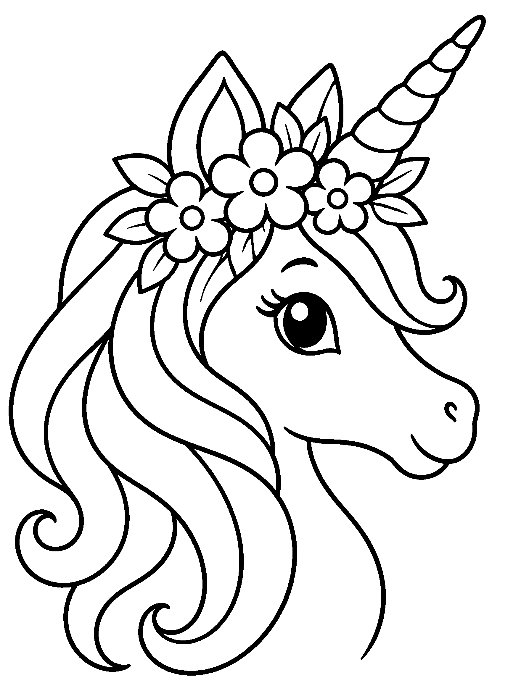 Large unicorn head with swirled horn and flower crown to color