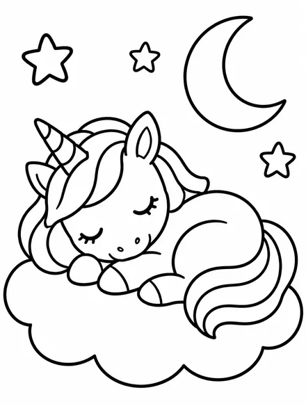Sleepy unicorn curled up on a cloud with moon and stars, coloring page