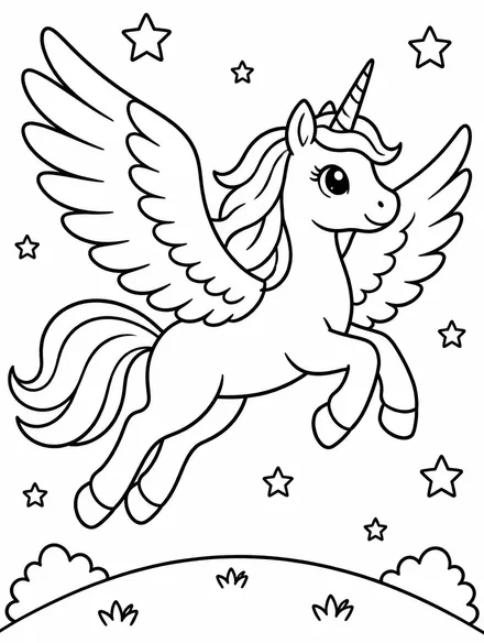 Winged unicorn flying over a hill with stars, free coloring page