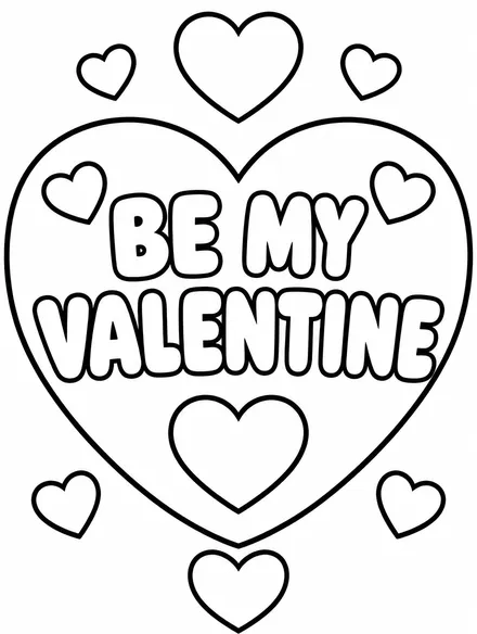 Be My Valentine bubble letters inside a heart, coloring page