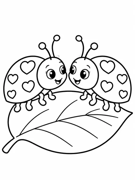 Two ladybugs with heart spots on a leaf, Valentine coloring page