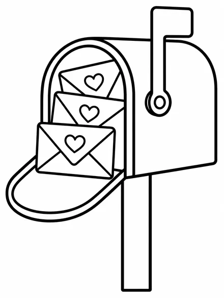 Mailbox stuffed with heart envelopes, Valentine coloring page