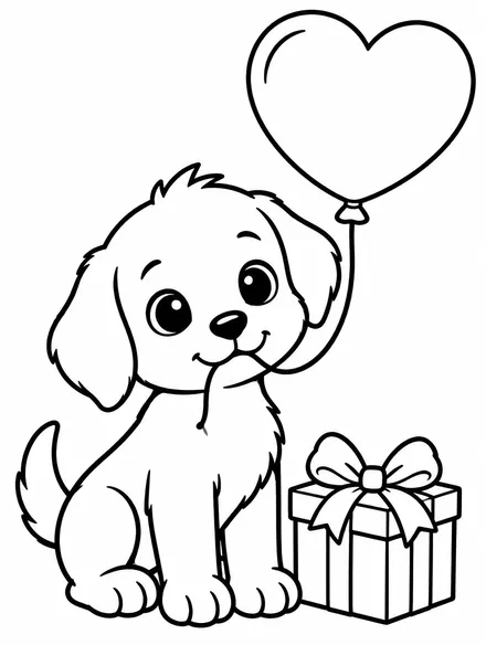 Puppy holding a heart balloon, Valentine coloring sheet