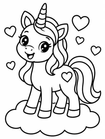 Unicorn with hearts standing on a cloud, Valentine coloring page