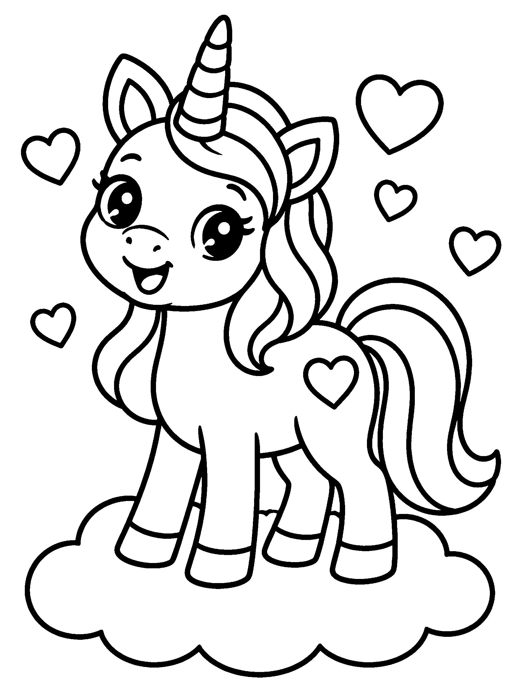 Unicorn with hearts standing on a cloud, Valentine coloring page