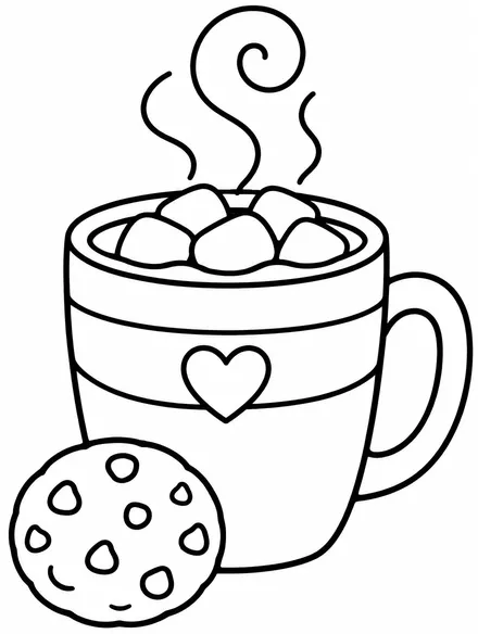 Mug of hot cocoa with marshmallows and a cookie, winter coloring page