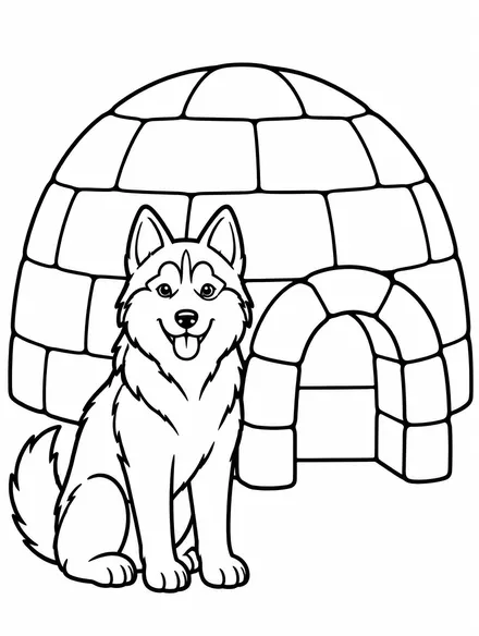 Igloo made of snow blocks with a husky dog in front, coloring page