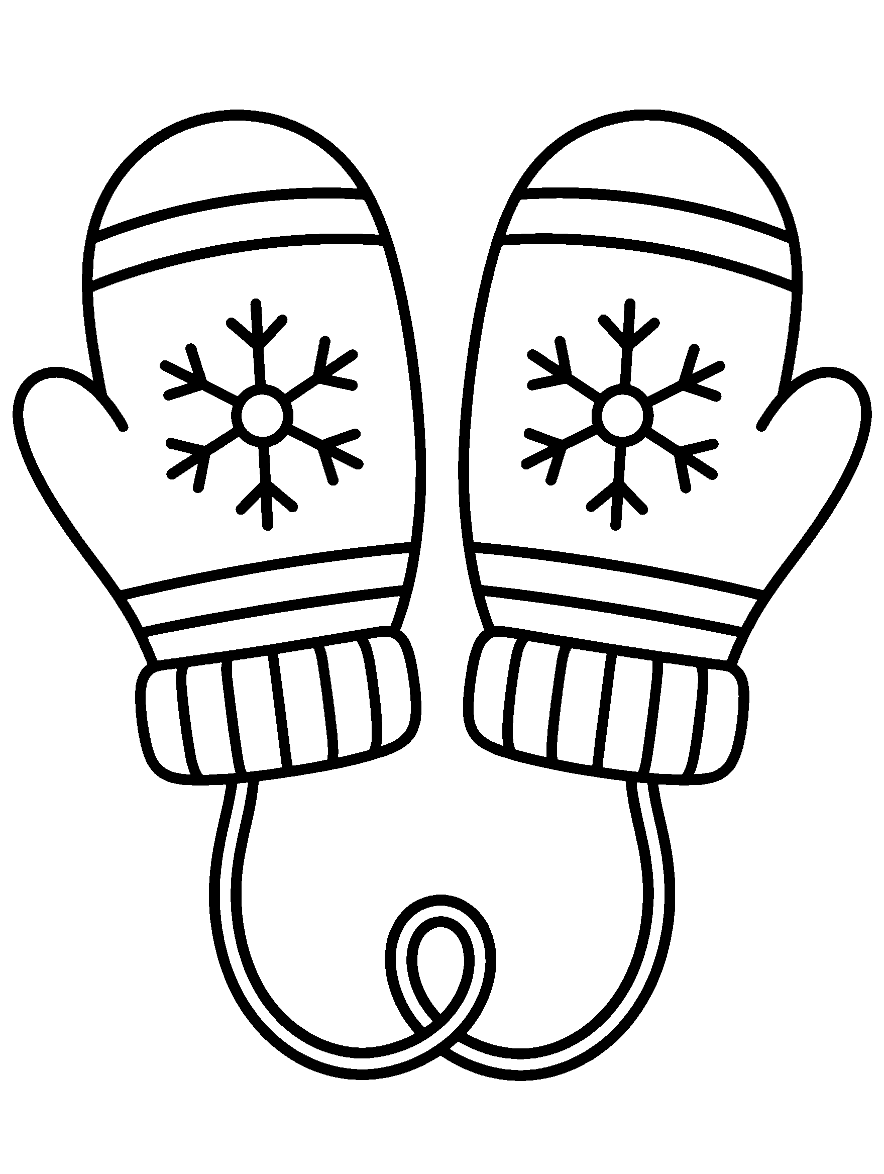 Pair of mittens with snowflake and stripe designs to color