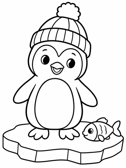 Cute penguin in a knit hat standing on ice, printable winter coloring page