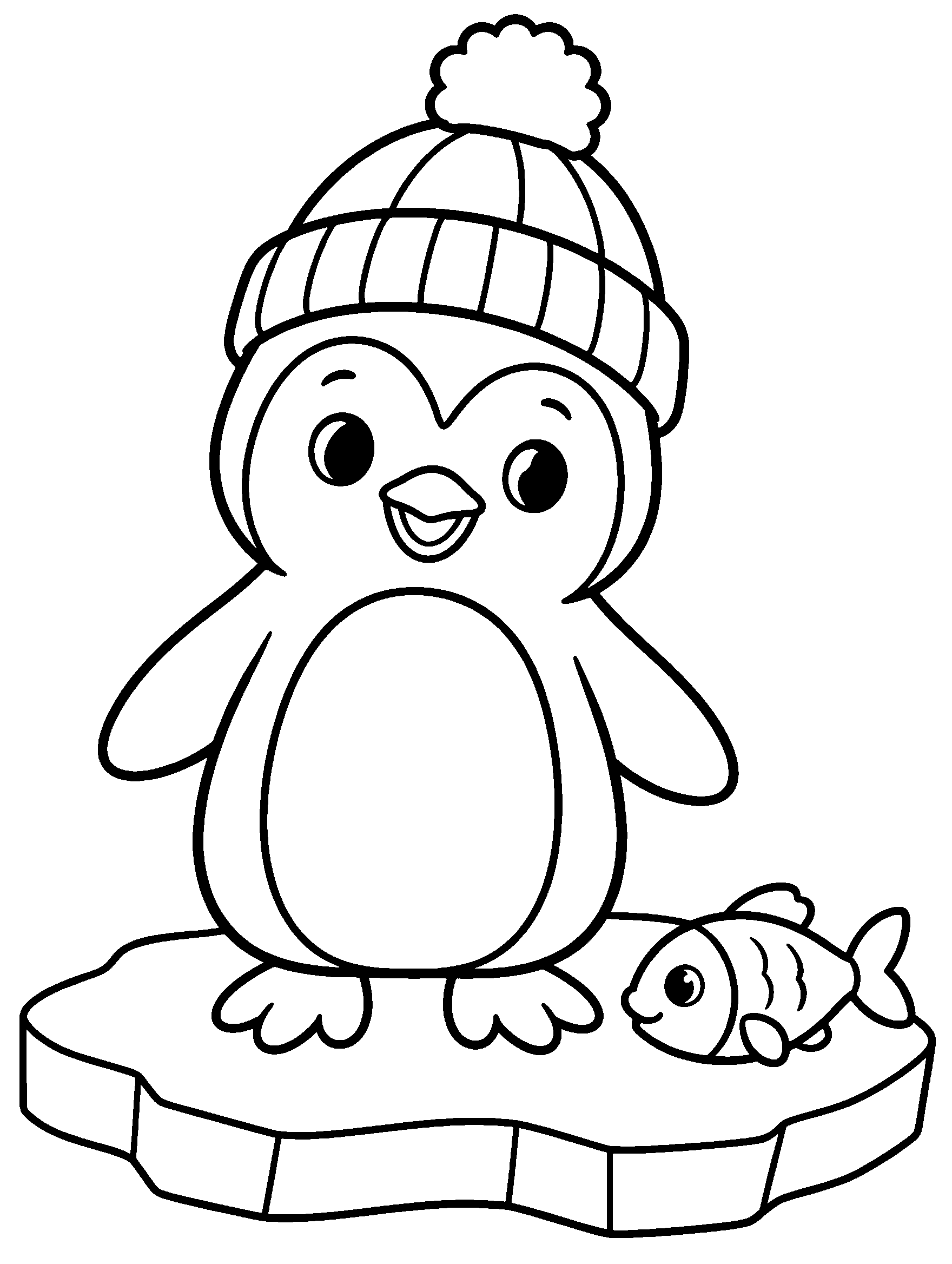 Cute penguin in a knit hat standing on ice, printable winter coloring page