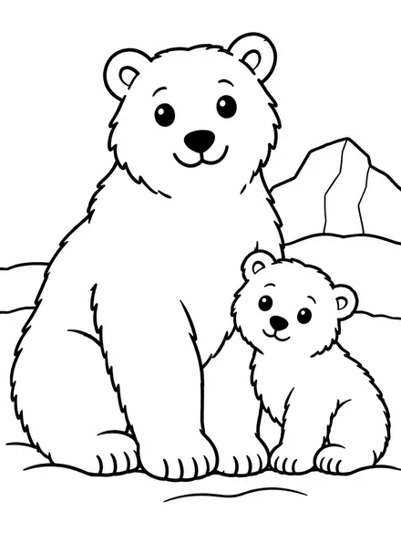 Polar bear and cub sitting in the snow, kids coloring sheet