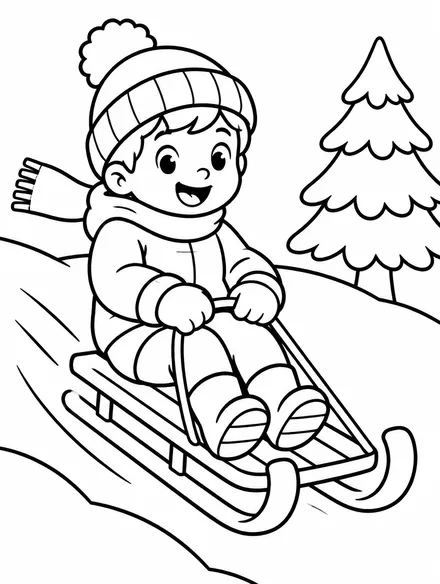 Child sledding down a snowy hill in a winter coat, coloring page