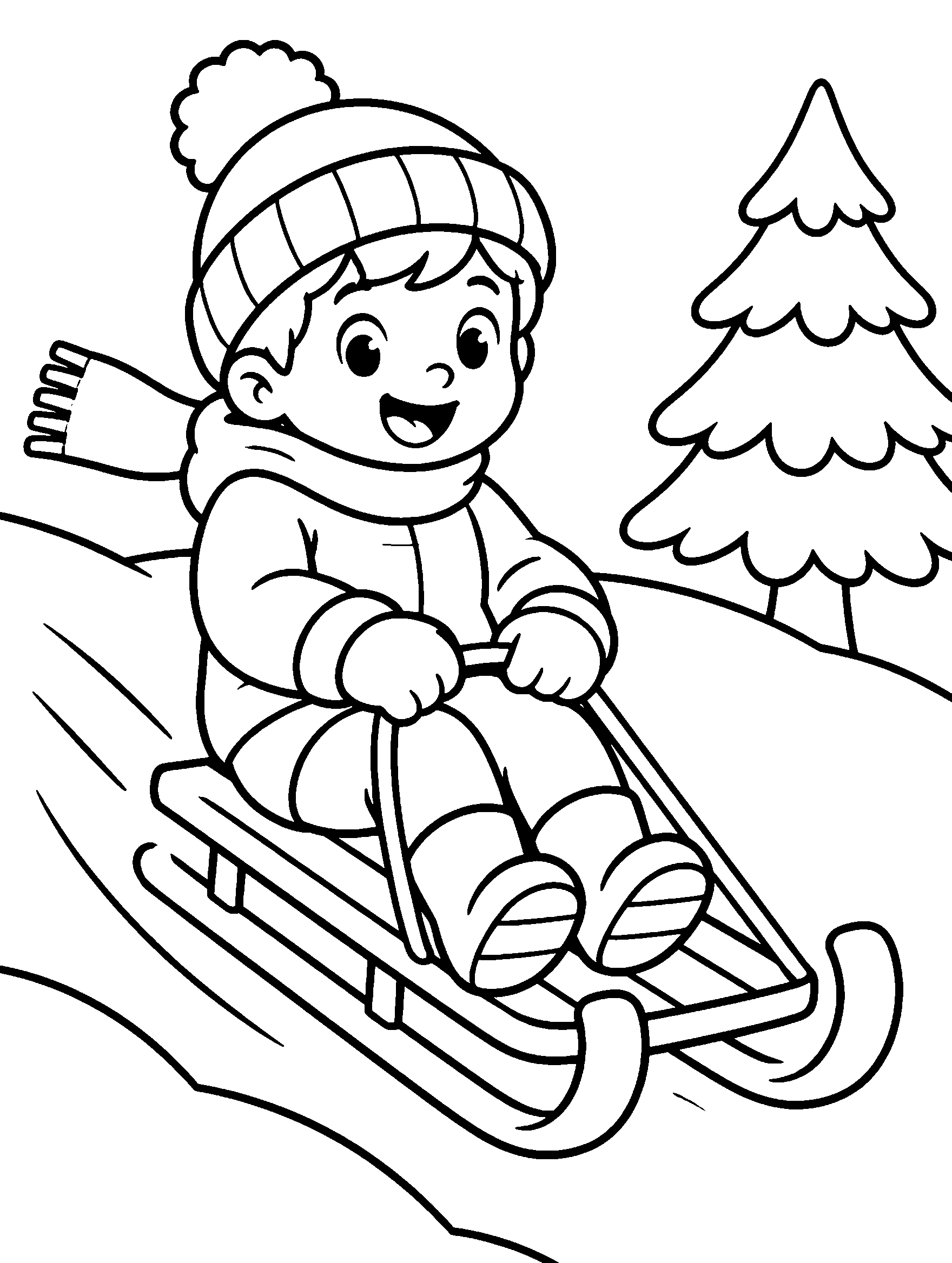 Child sledding down a snowy hill in a winter coat, coloring page