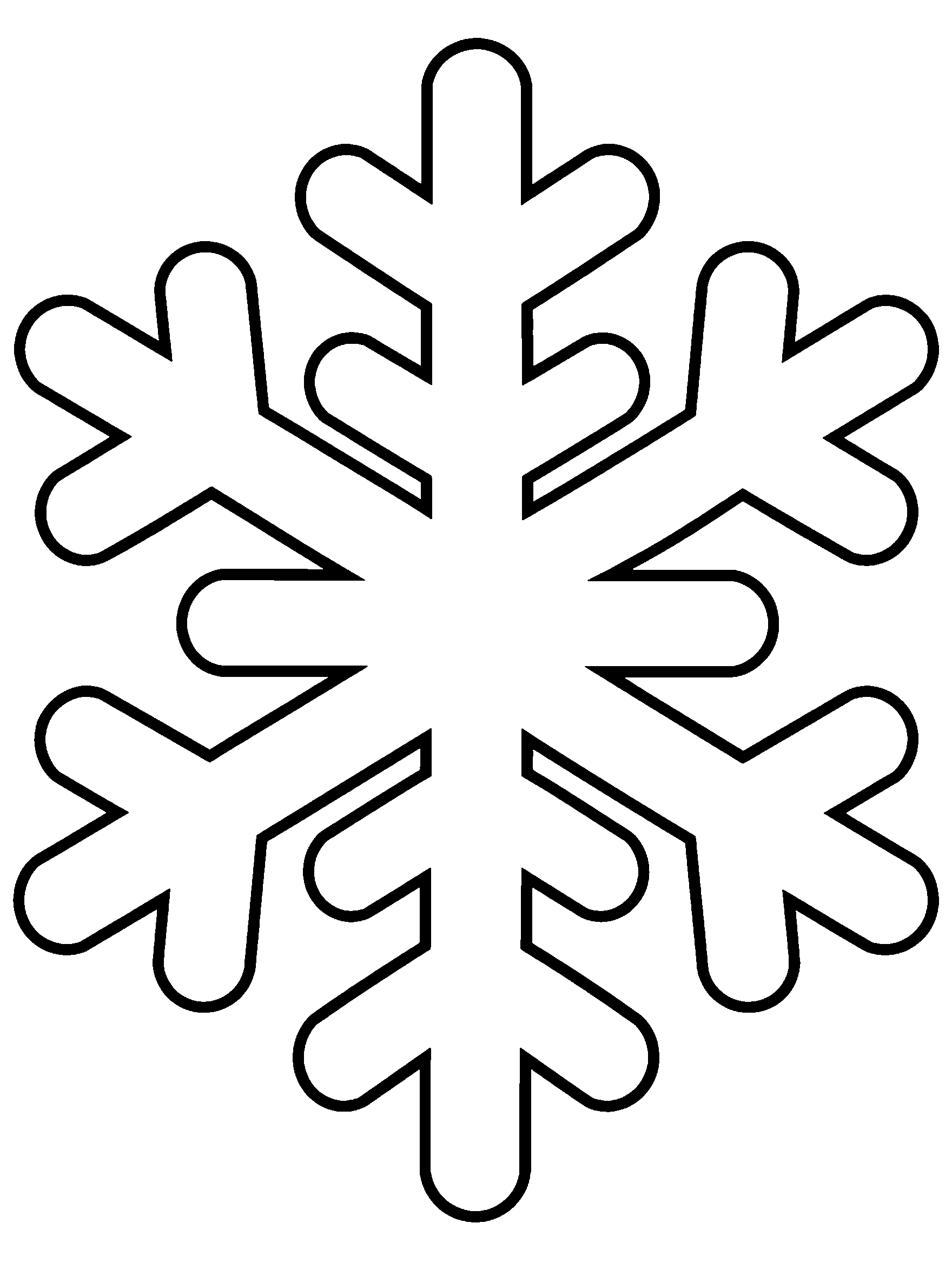 Large six-pointed snowflake with wide branches, coloring page
