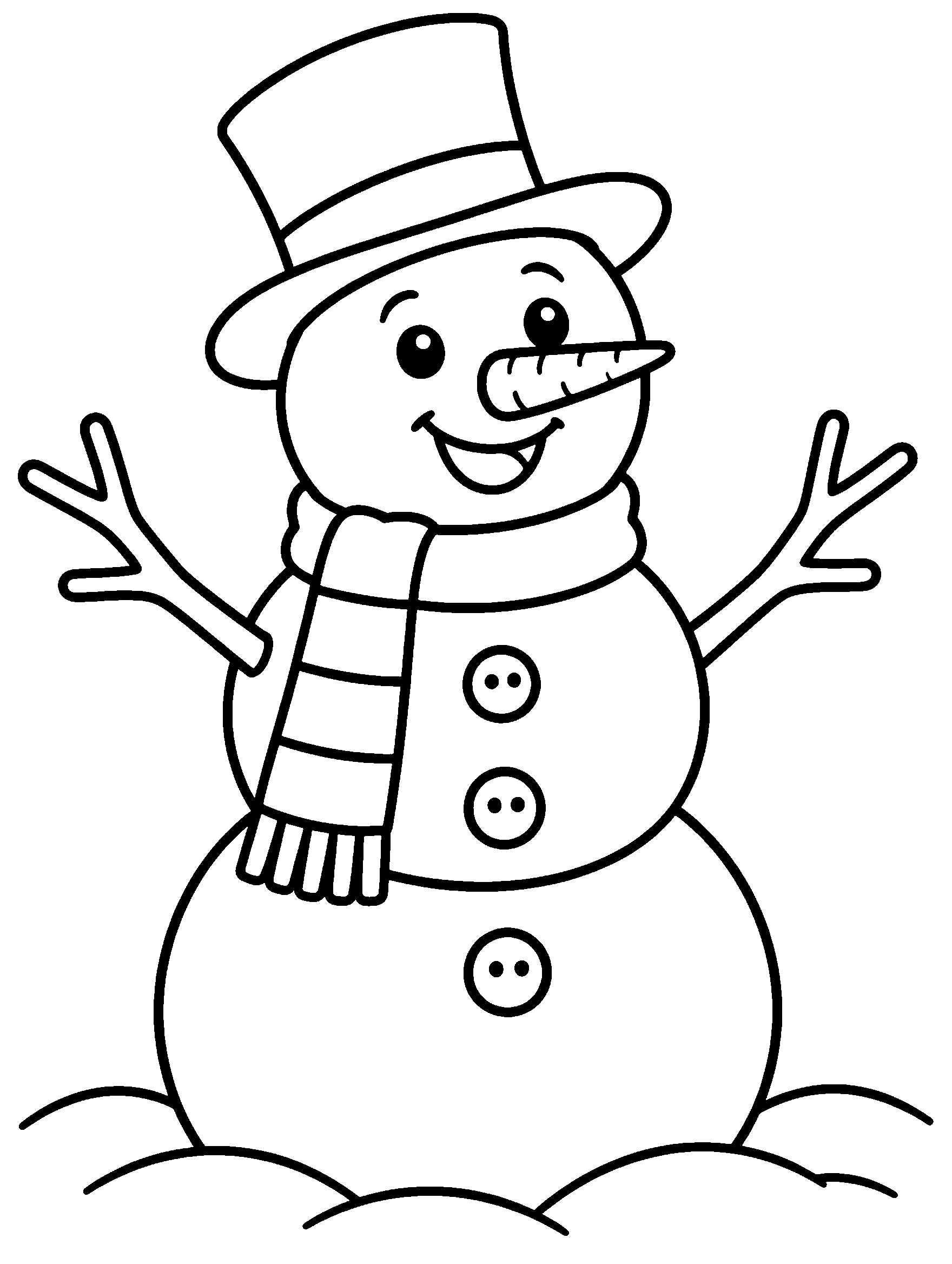 Happy snowman with top hat, scarf and carrot nose, winter coloring page